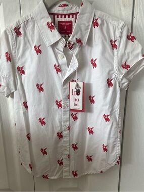 Denim & Flower White Short-Sleeve Button-Down Shirt with Red Santa Motif